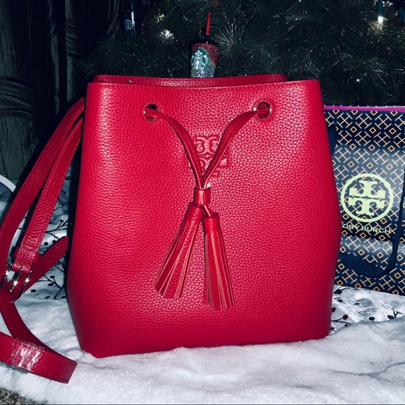 Tory Burch Handbags - Tory Burch Bold RED leather bucket Bag